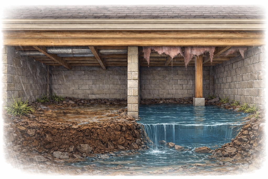 Flooded crawl space beneath a house